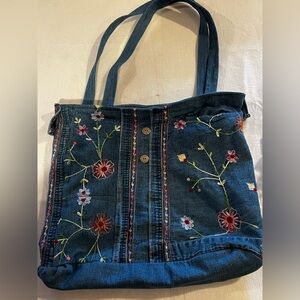 Vintage Bobbie Brooks repurposed Embroidered Dark Blue Denim Floral Tote Bag